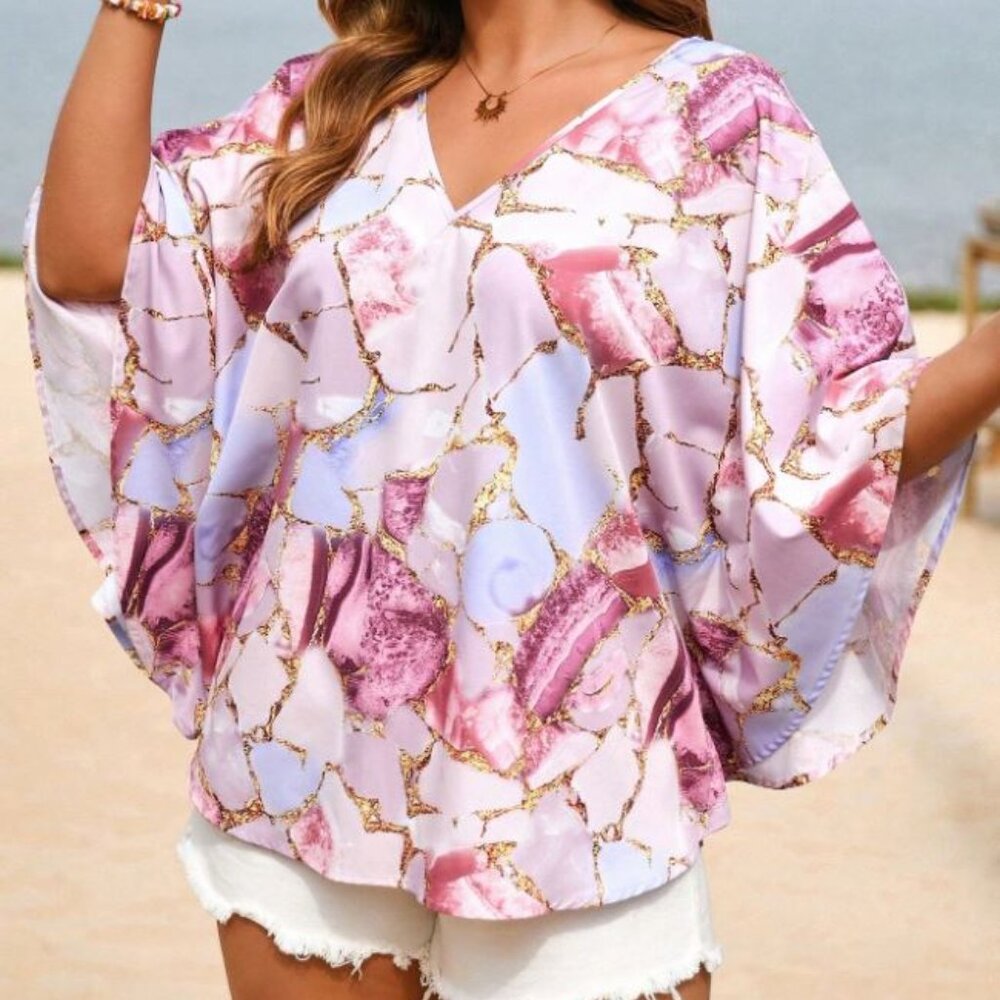 Plus Size Boho Marble Print Batwing Sleeve Blouse